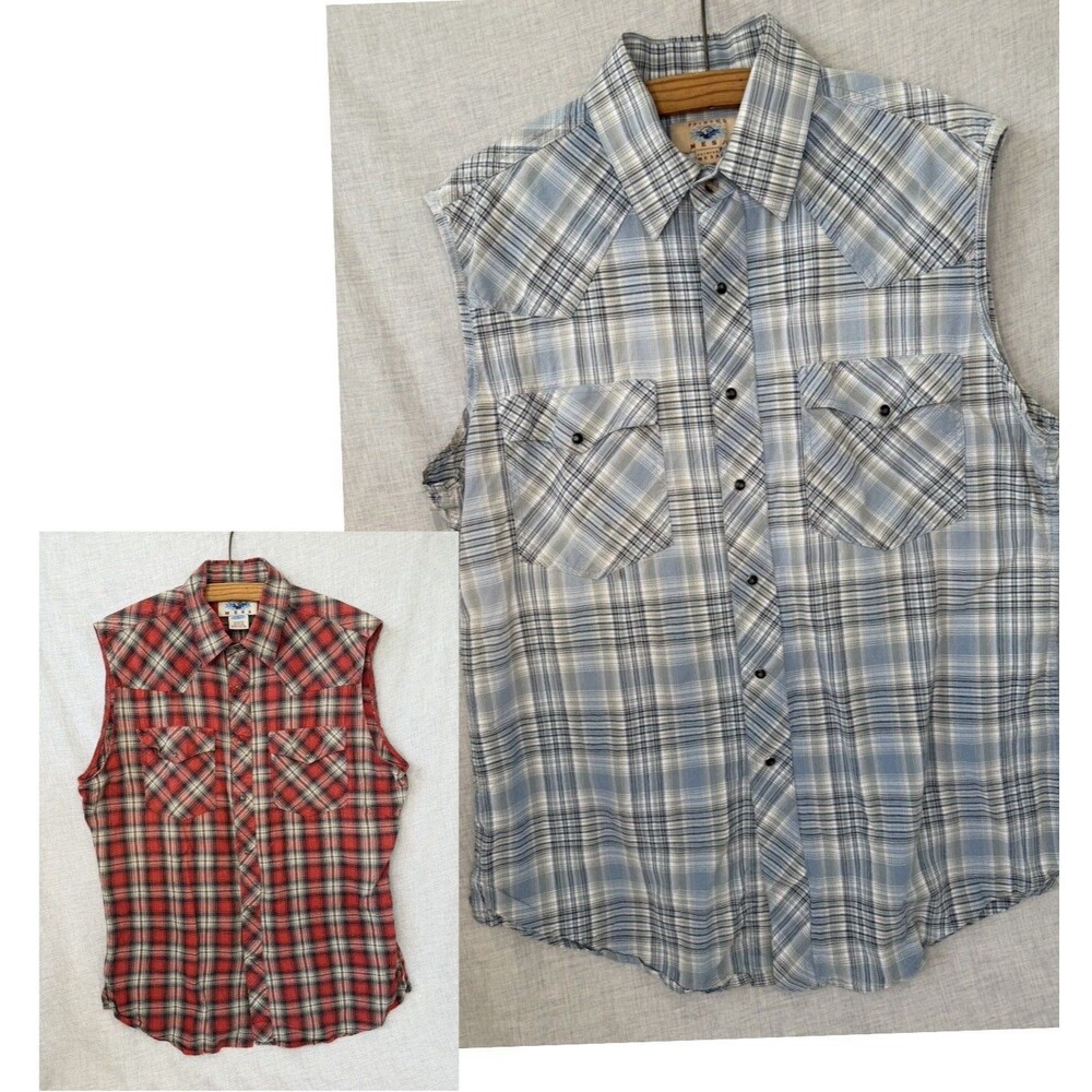 Painted Mesa Western Plaid Shirts Men Size Large Sleeveless Cotton Set Of 2